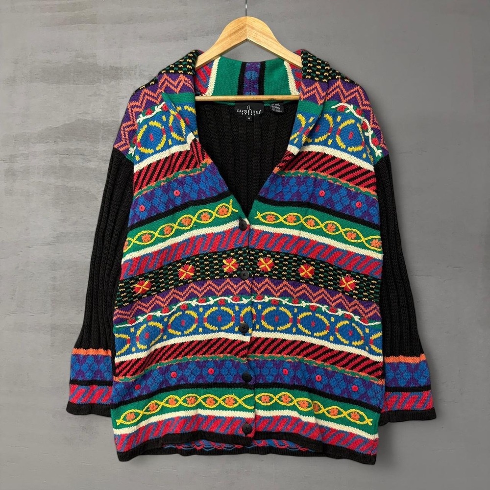 Vintage Carole Coogi Style Women's Colorful Striped Knit Cardigan Sweater Medium